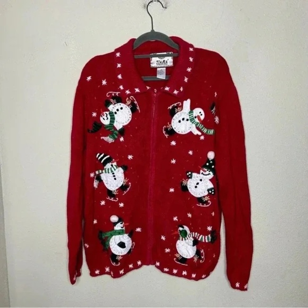 Tiara International Red Zip Up Sweater Cardigan with Snowmen